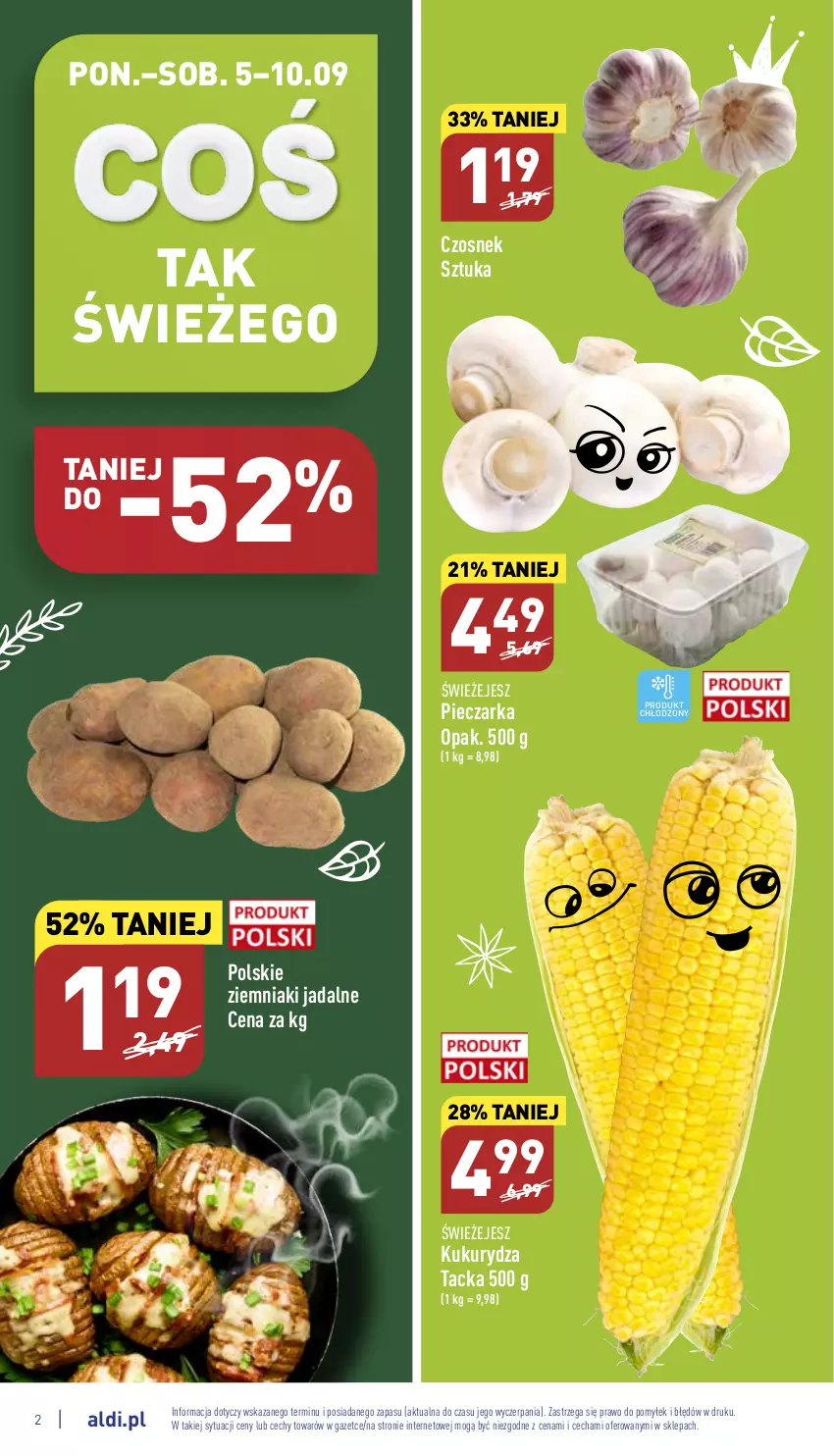 Gazetka promocyjna Aldi - Katalog spożywczy - ważna 05.09 do 10.09.2022 - strona 2 - produkty: Czosnek, Kukurydza, Piec, Pieczarka, Ziemniaki