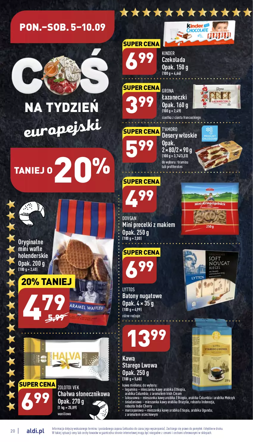 Gazetka promocyjna Aldi - Katalog spożywczy - ważna 05.09 do 10.09.2022 - strona 20 - produkty: Baton, Chałwa, Ciastka, Columbia, Czekolada, Danio, Deser, Desery włoskie, Gin, Kawa, Kawa mielona, Kinder, Precelki, Ser, Wafle