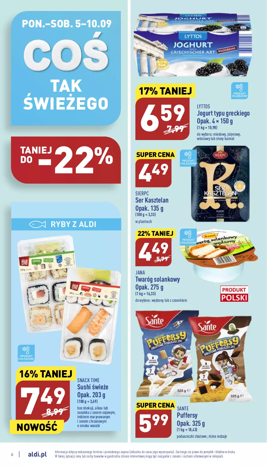 Gazetka promocyjna Aldi - Katalog spożywczy - ważna 05.09 do 10.09.2022 - strona 6 - produkty: Chrzan, Imbir, Jogurt, Kasztelan, Puf, Sante, Ser, Ser Kasztelan, Solan, Sos, Sushi, Twaróg, Wasa