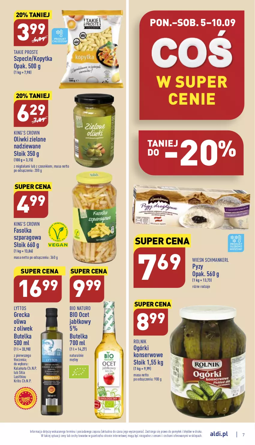 Gazetka promocyjna Aldi - Katalog spożywczy - ważna 05.09 do 10.09.2022 - strona 7 - produkty: Fa, Kopytka, Ocet, Ogórki konserwowe, Oliwa z oliwek, Oliwki, Oliwki zielone, Rolnik, Ser