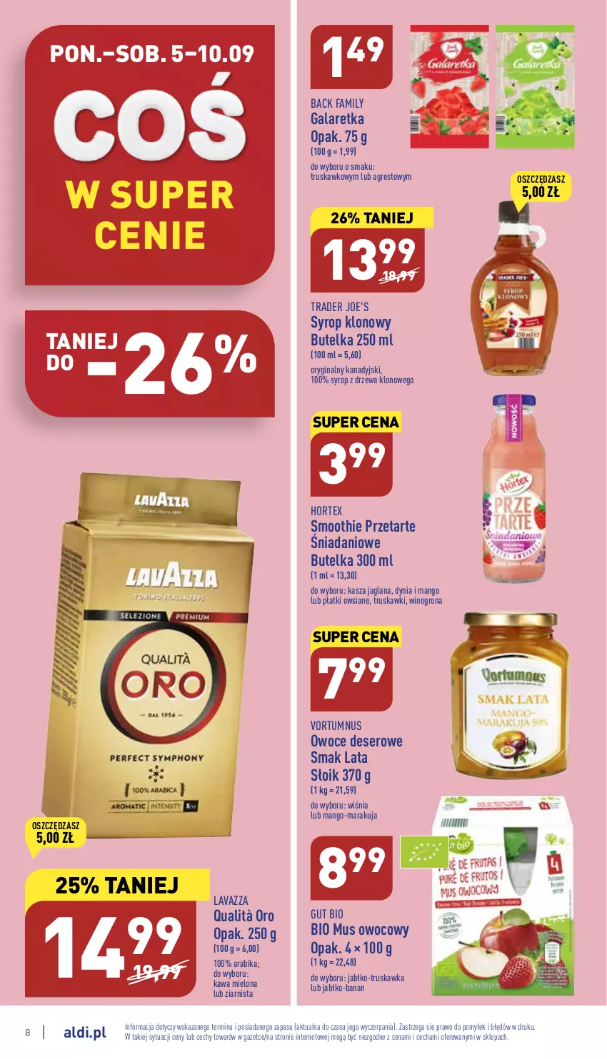 Gazetka promocyjna Aldi - Katalog spożywczy - ważna 05.09 do 10.09.2022 - strona 8 - produkty: Danio, Deser, Fa, Gala, Galaretka, Gin, Gres, Hortex, Kasza, Kasza jaglana, Kawa, Kawa mielona, LANA, Lavazza, Mango, Mus, Owoce, Płatki owsiane, Ser, Smoothie, Syrop, Truskawki, Wino, Winogrona