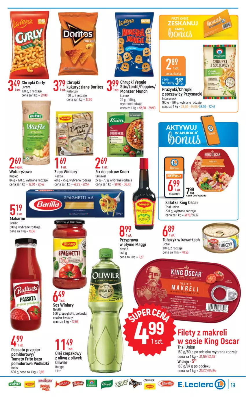 Gazetka promocyjna E Leclerc - ważna 04.10 do 15.10.2022 - strona 19 - produkty: Barilla, Chrupki, Gra, Graal, Heinz, Kawa, Knorr, Kupiec, Lorenz, Maggi, Makaron, Monster Munch, Olej, Olej rzepakowy, Piec, Przysnacki, Pudliszki, Ryż, Sałat, Sałatka, Sos, Spaghetti, Tuńczyk, Winiary, Zupa