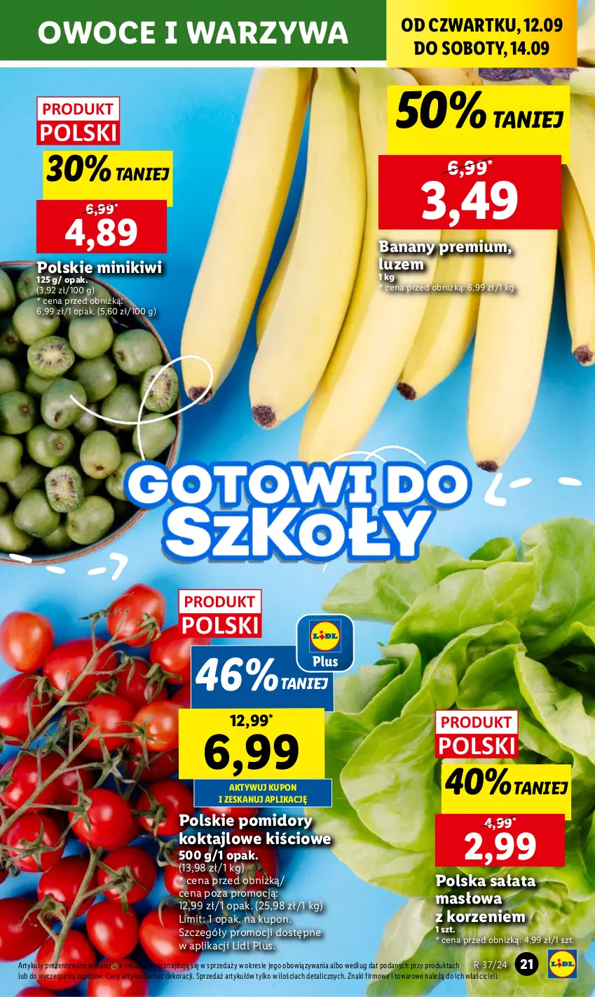 Gazetka promocyjna Lidl - GAZETKA - ważna 12.09 do 14.09.2024 - strona 23 - produkty: Banany, Kiwi, Masło, Minikiwi, Owoce, Pomidory, Sałat, Sałata masłowa, Warzywa