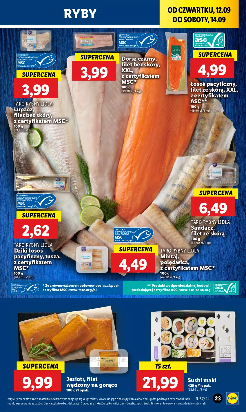 Gazetka promocyjna Lidl - GAZETKA - ważna 12.09 do 14.09.2024 - strona 25 - produkty: Dorsz, Mintaj, Polędwica, Sandacz, Sushi, Tusz