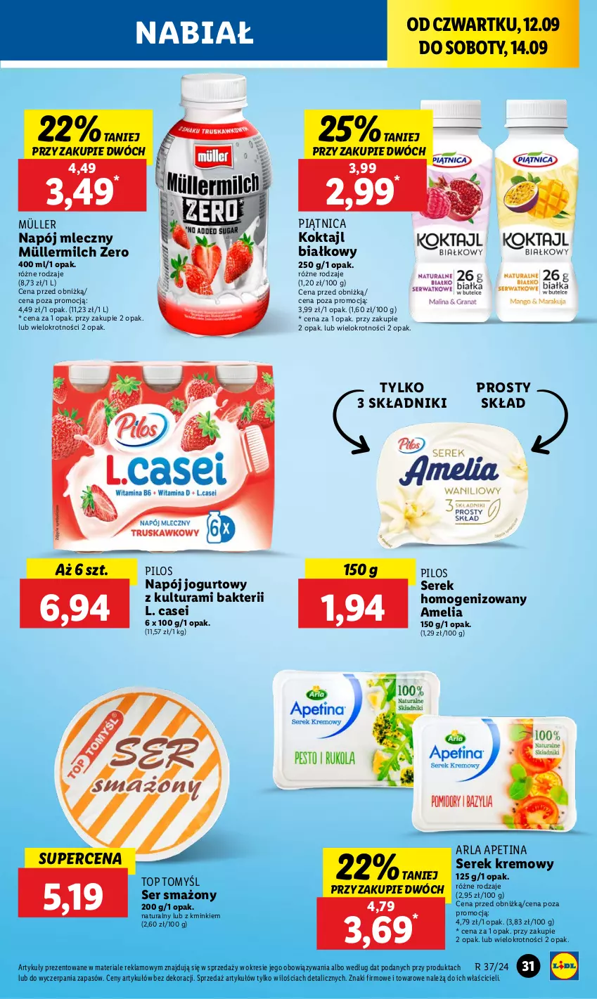 Gazetka promocyjna Lidl - GAZETKA - ważna 12.09 do 14.09.2024 - strona 33 - produkty: Jogurt, Müller, Müllermilch, Napój, Napój jogurtowy, Napój mleczny, Piątnica, Pilos, Ser, Serek, Serek homogenizowany, Top