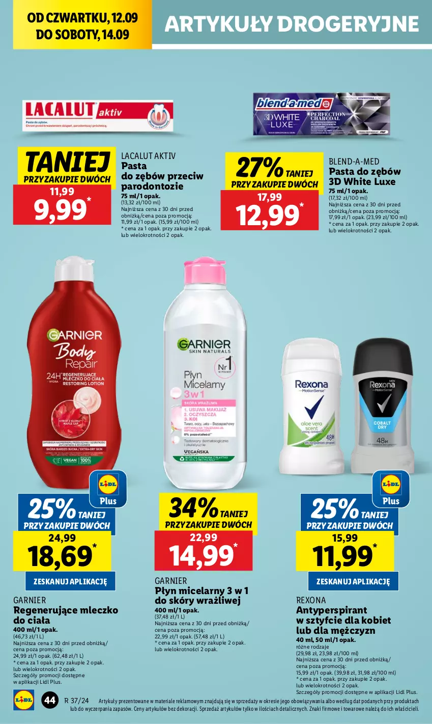 Gazetka promocyjna Lidl - GAZETKA - ważna 12.09 do 14.09.2024 - strona 48 - produkty: Antyperspirant, Blend-a-Med, Garnier, Lacalut, Mleczko, Mleczko do ciała, Pasta do zębów, Płyn micelarny, Rexona