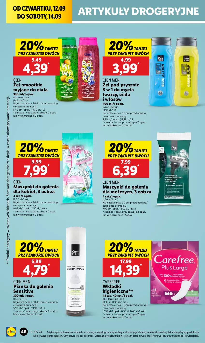 Gazetka promocyjna Lidl - GAZETKA - ważna 12.09 do 14.09.2024 - strona 50 - produkty: Carefree, Pianka do golenia, Smoothie, Wkładki