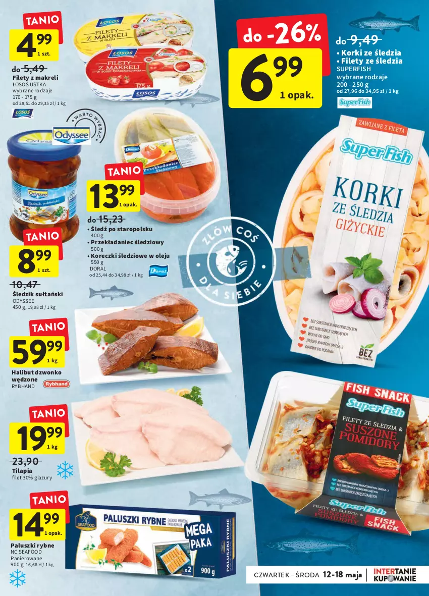 Gazetka promocyjna Intermarche - ważna 12.05 do 18.05.2022 - strona 23 - produkty: Halibut, Koreczki śledziowe, Lazur, Olej, Paluszki rybne, Tilapia