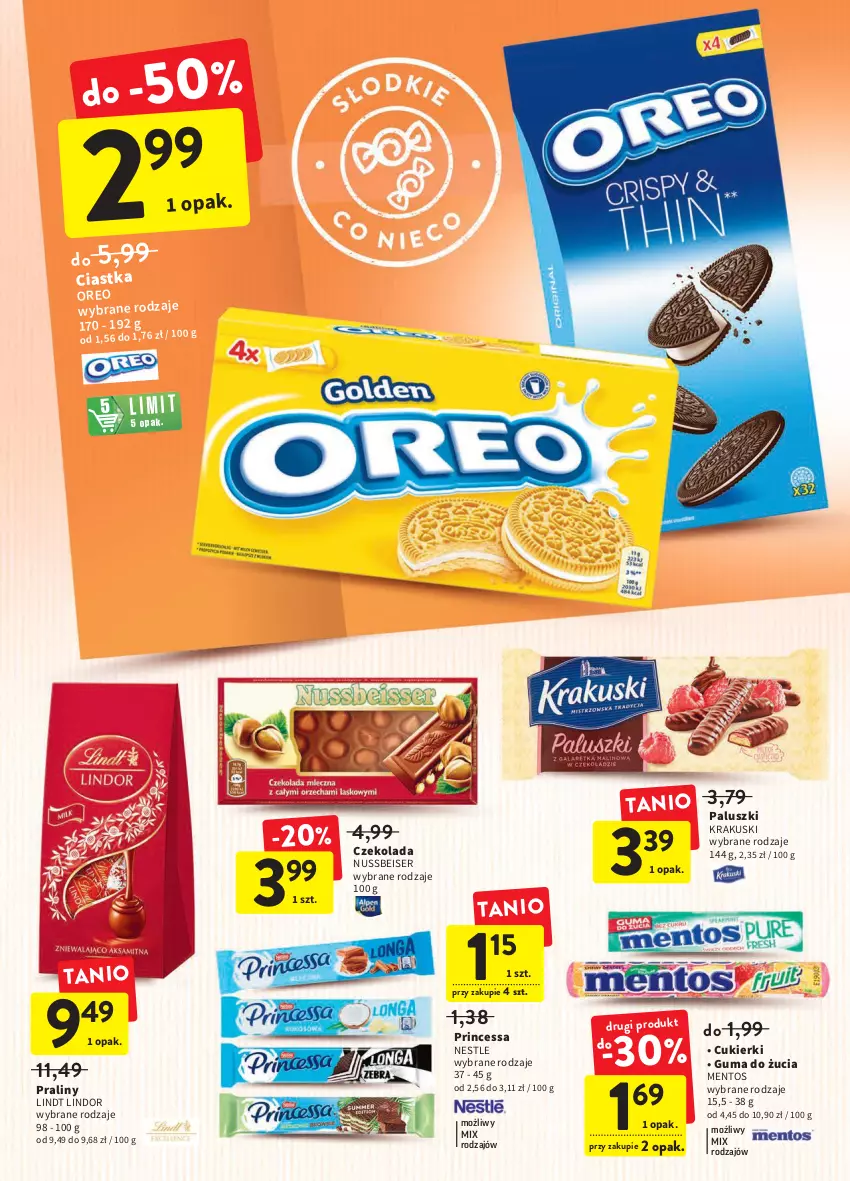 Gazetka promocyjna Intermarche - ważna 12.05 do 18.05.2022 - strona 26 - produkty: Ciastka, Cukier, Cukierki, Czekolada, Guma do żucia, Krakus, Krakuski, Lindor, Lindt, Mentos, Oreo, Praliny, Princessa, Ser