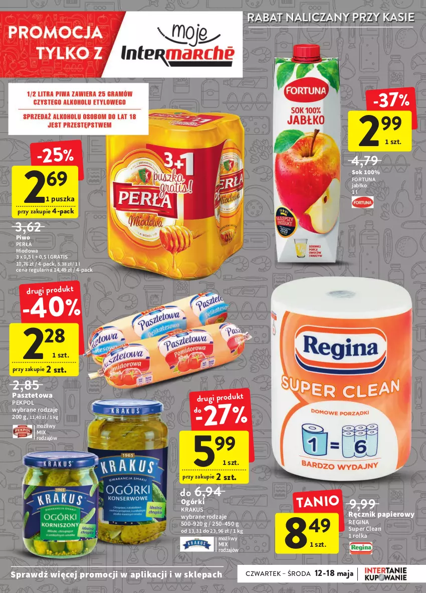 Gazetka promocyjna Intermarche - ważna 12.05 do 18.05.2022 - strona 3 - produkty: Fortuna, Gin, Gra, Krakus, Papier, Pasztet, Pekpol, Perła, Piwo, Ręcznik, Sok