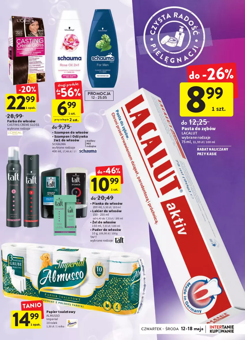 Gazetka promocyjna Intermarche - ważna 12.05 do 18.05.2022 - strona 35 - produkty: Fa, Farba do włosów, Lacalut, Lakier, Lakier do włosów, Mus, Odżywka, Papier, Papier toaletowy, Pasta do zębów, Pianka do włosów, Puder, Schauma, Szampon, Taft