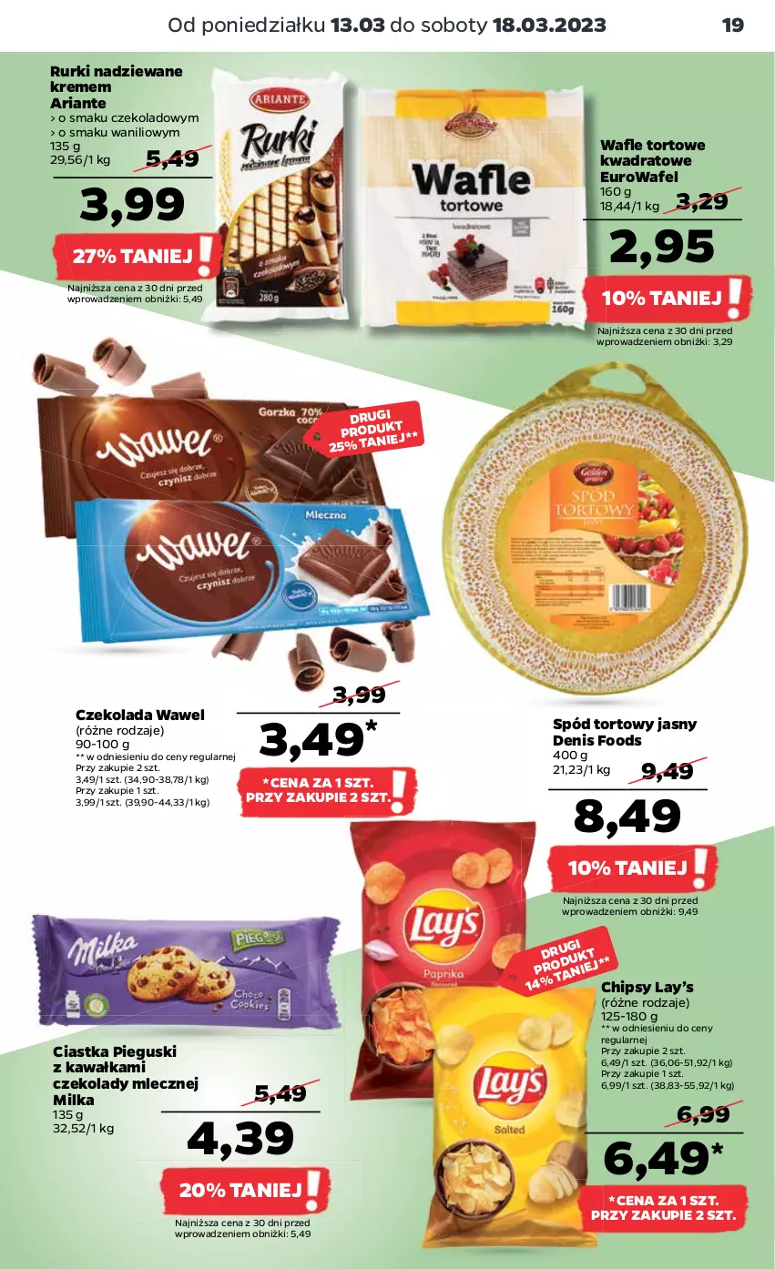 Gazetka promocyjna Netto - Artykuły spożywcze - ważna 13.03 do 18.03.2023 - strona 19 - produkty: Chipsy, Ciastka, Czekolada, Kawa, Lay’s, Milka, Rurki, Wafle, Wafle tortowe, Wawel