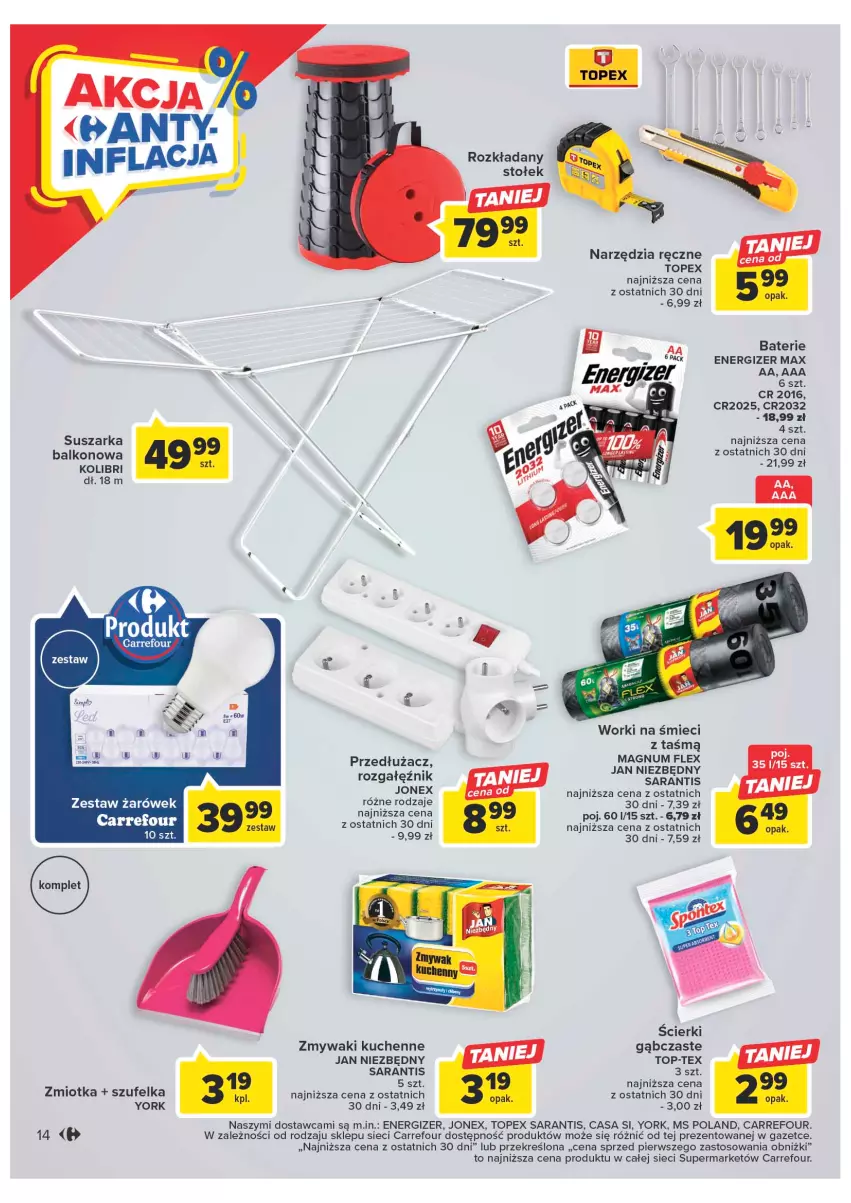 Gazetka promocyjna Carrefour - Gazetka Market - ważna 10.01 do 21.01.2023 - strona 14 - produkty: Energizer, Jan Niezbędny, Stołek, Suszarka, Suszarka balkonowa, Szufelka, Top, Worki na śmiec, Worki na śmieci, Zestaw żarówek, Zmywaki kuchenne