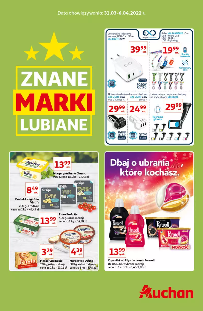 Gazetka promocyjna Auchan - Znane lubiane Marki Hipermarkety - ważna 31.03 do 06.04.2022 - strona 1 - produkty: Delma, Flora, Kasia, Margaryna, Perwoll, Płyn do prania, Rama, Ubrania, Warka