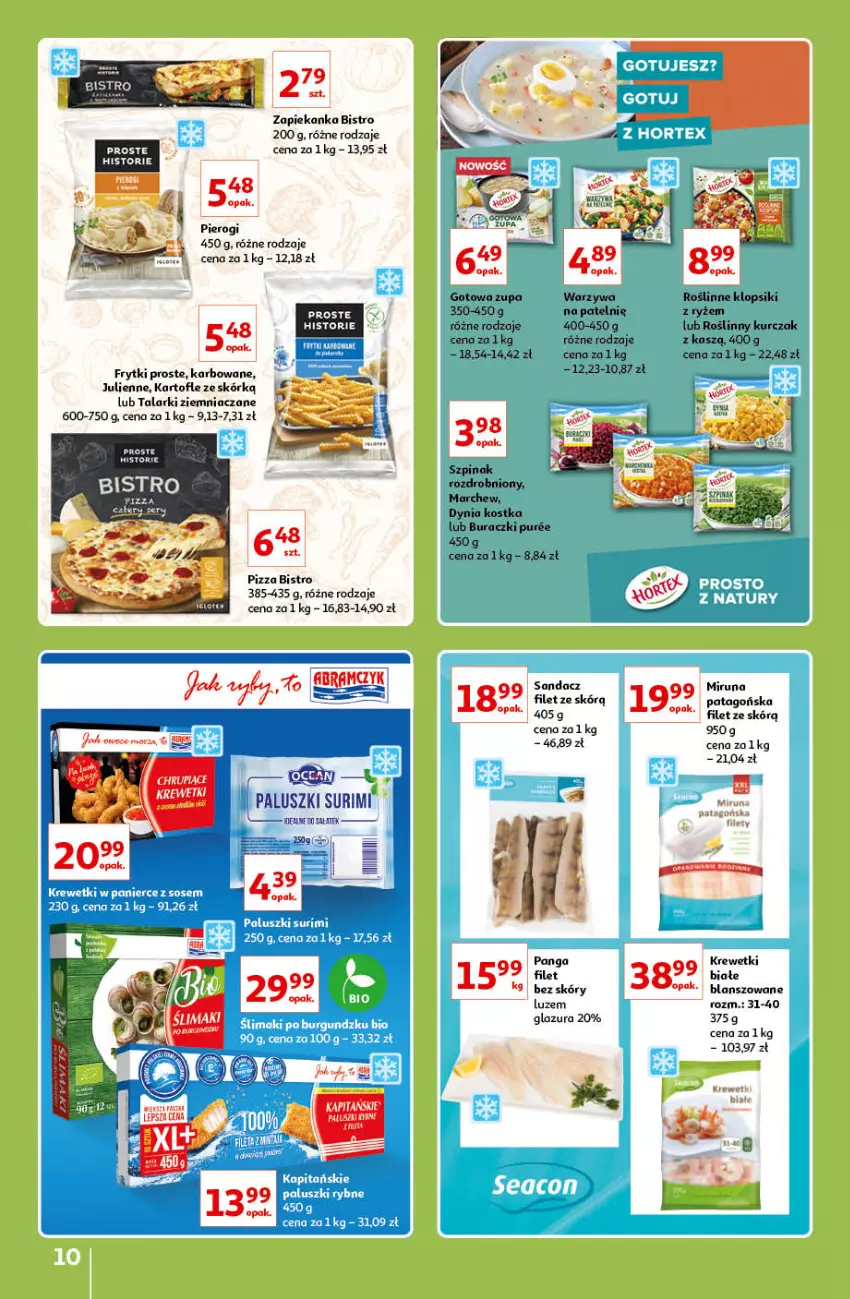 Gazetka promocyjna Auchan - Znane lubiane Marki Hipermarkety - ważna 31.03 do 06.04.2022 - strona 10 - produkty: Frytki, Glazura, Krewetki, Lazur, Lion, Miruna, Pierogi, Pizza, Sałat, Sos, Surimi, Tago