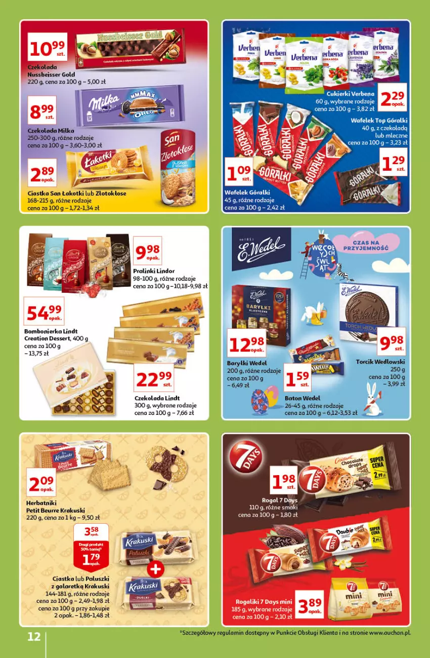 Gazetka promocyjna Auchan - Znane lubiane Marki Hipermarkety - ważna 31.03 do 06.04.2022 - strona 12 - produkty: 7 Days, Baryłki, Baton, Ciastka, Cukier, Cukierki, Czekolada, Dzika róża, Gala, Góralki, Herbatniki, Herbatniki Petit Beurre, Krakus, Krakuski, Lindor, Lindt, Rogal, Róża, Ser, Wafelek