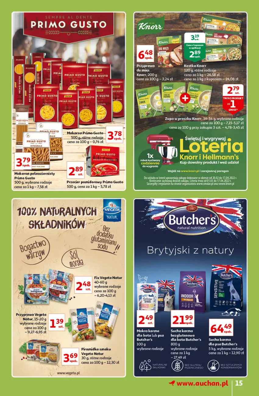 Gazetka promocyjna Auchan - Znane lubiane Marki Hipermarkety - ważna 31.03 do 06.04.2022 - strona 15 - produkty: Butcher's, Gra, Knorr, Makaron, Piramidka smaku, Por, Sucha karma, Vegeta, Vegeta Natur