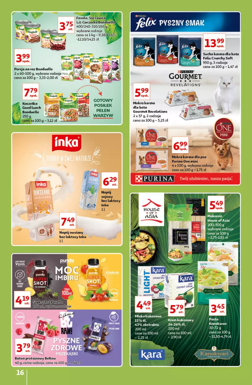 Gazetka promocyjna Auchan - Znane lubiane Marki Hipermarkety - ważna 31.03 do 06.04.2022 - strona 16 - produkty: Baton, Bonduelle, Cieciorka, Fa, Fasola, Felix, House of Asia, Inka, Kaszetka, Kokos, Makaron, Mokra karma, Napój, Orka, Por, Pur, Purina, Sucha karma