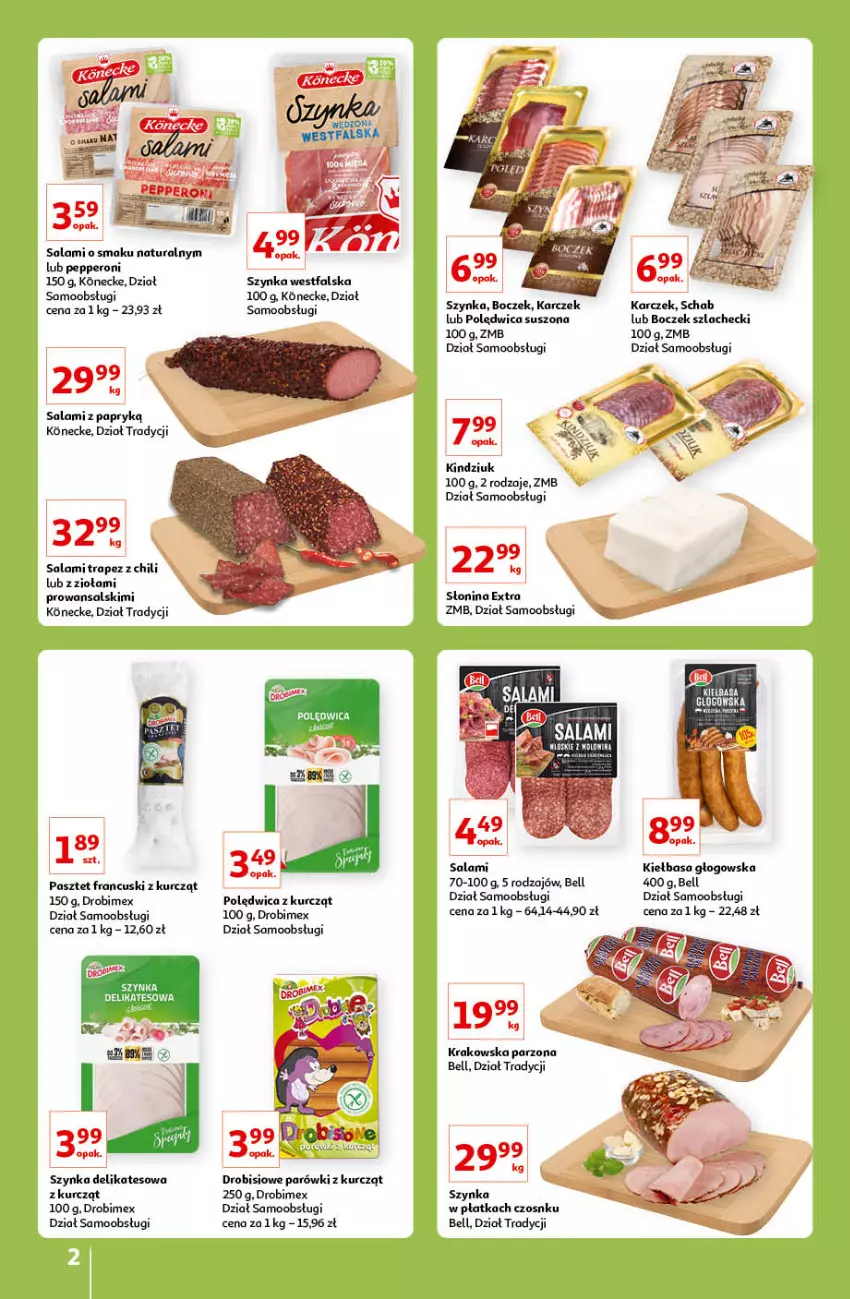 Gazetka promocyjna Auchan - Znane lubiane Marki Hipermarkety - ważna 31.03 do 06.04.2022 - strona 2 - produkty: Bell, Boczek, Drobimex, Fa, Kiełbasa, Kiełbasa głogowska, Kindziuk, Parówki, Pasztet, Polędwica, Salami, Salami z papryką, Szynka, Szynka delikatesowa