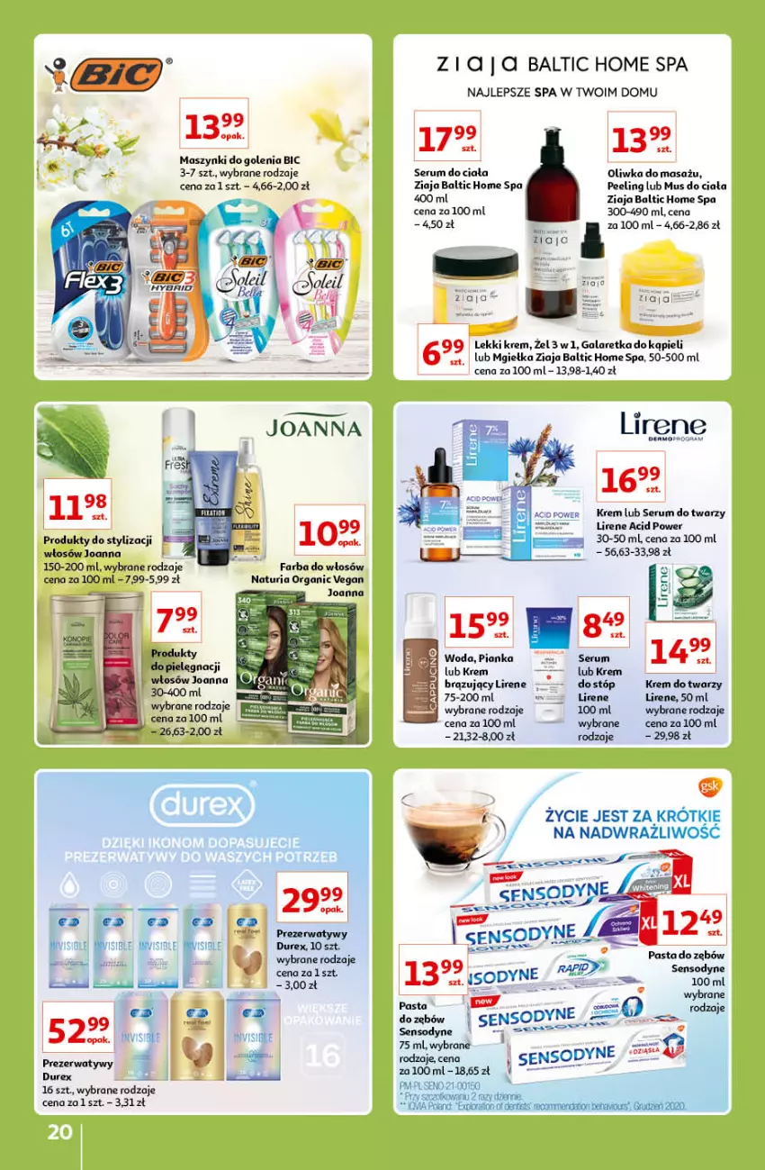 Gazetka promocyjna Auchan - Znane lubiane Marki Hipermarkety - ważna 31.03 do 06.04.2022 - strona 20 - produkty: BIC, Durex, Fa, Joanna, Krem do twarzy, Lirene, Mus, Pasta do zębów, Peeling, Rum, Sensodyne, Ser, Serum, Serum do twarzy, Woda, Ziaja