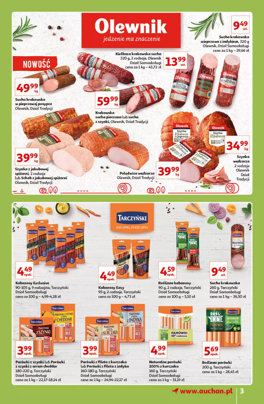 Gazetka promocyjna Auchan - Znane lubiane Marki Hipermarkety - ważna 31.03 do 06.04.2022 - strona 3 - produkty: Cheddar, Kabanos, Kiełbasa, Kiełbasa krakowska, Kurczak, Olewnik, Parówki, Parówki z szynki, Piec, Pieprz, Polędwica, Roślinne kabanosy, Ser, Szynka, Tarczyński