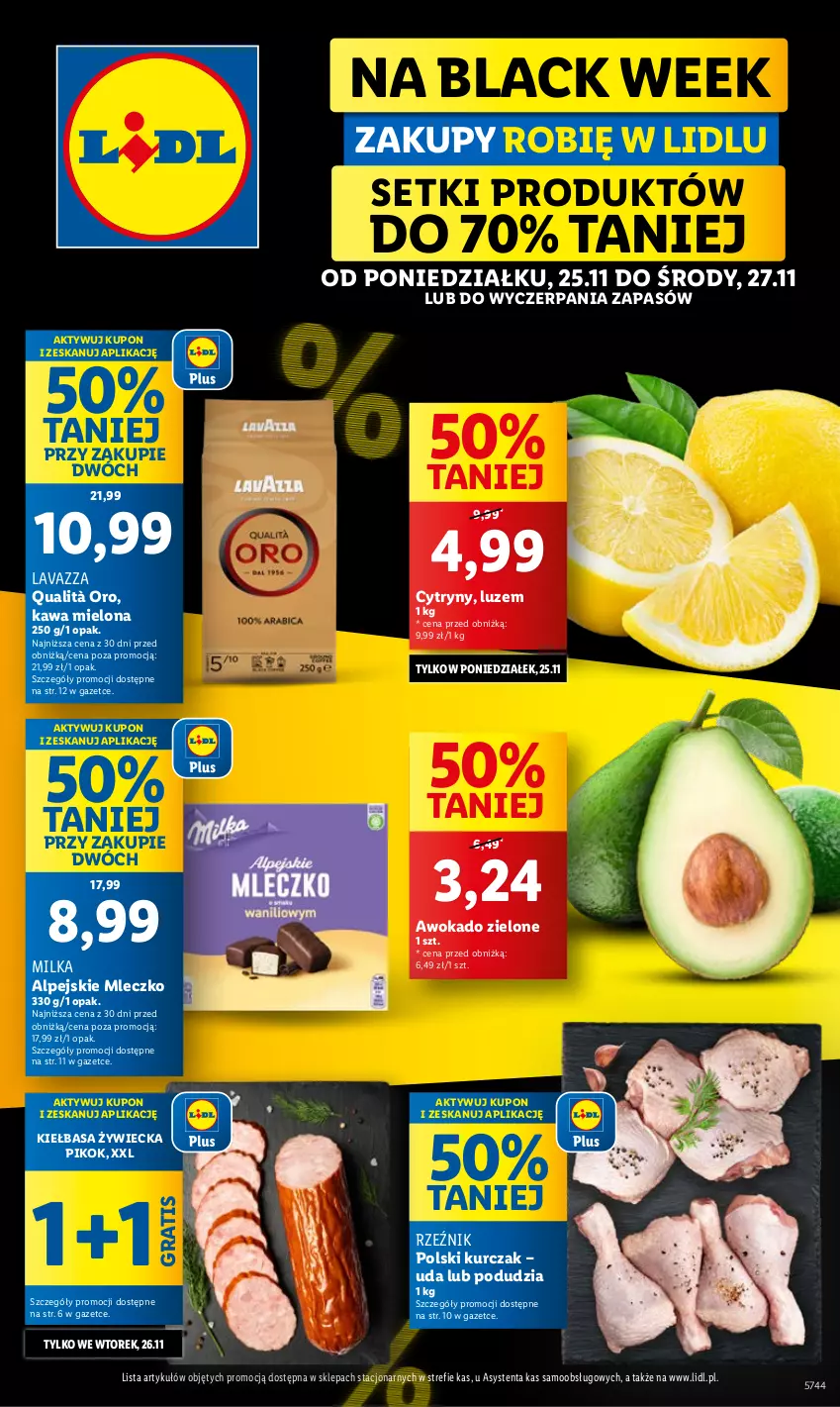 Gazetka promocyjna Lidl - GAZETKA - ważna 25.11 do 27.11.2024 - strona 1 - produkty: Cytryny, Gra, Kawa, Kawa mielona, Kiełbasa, Kurczak, Lack, Lavazza, Milka, Mleczko, PIKOK