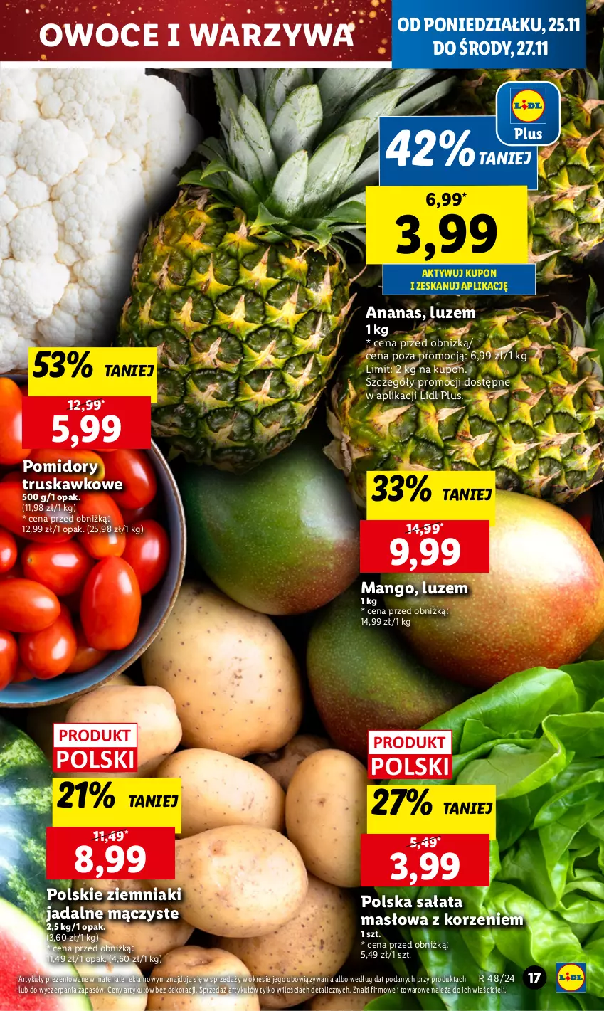 Gazetka promocyjna Lidl - GAZETKA - ważna 25.11 do 27.11.2024 - strona 19 - produkty: Ananas, Mango, Masło, Owoce, Pomidory, Sałat, Sałata masłowa, Warzywa, Ziemniaki