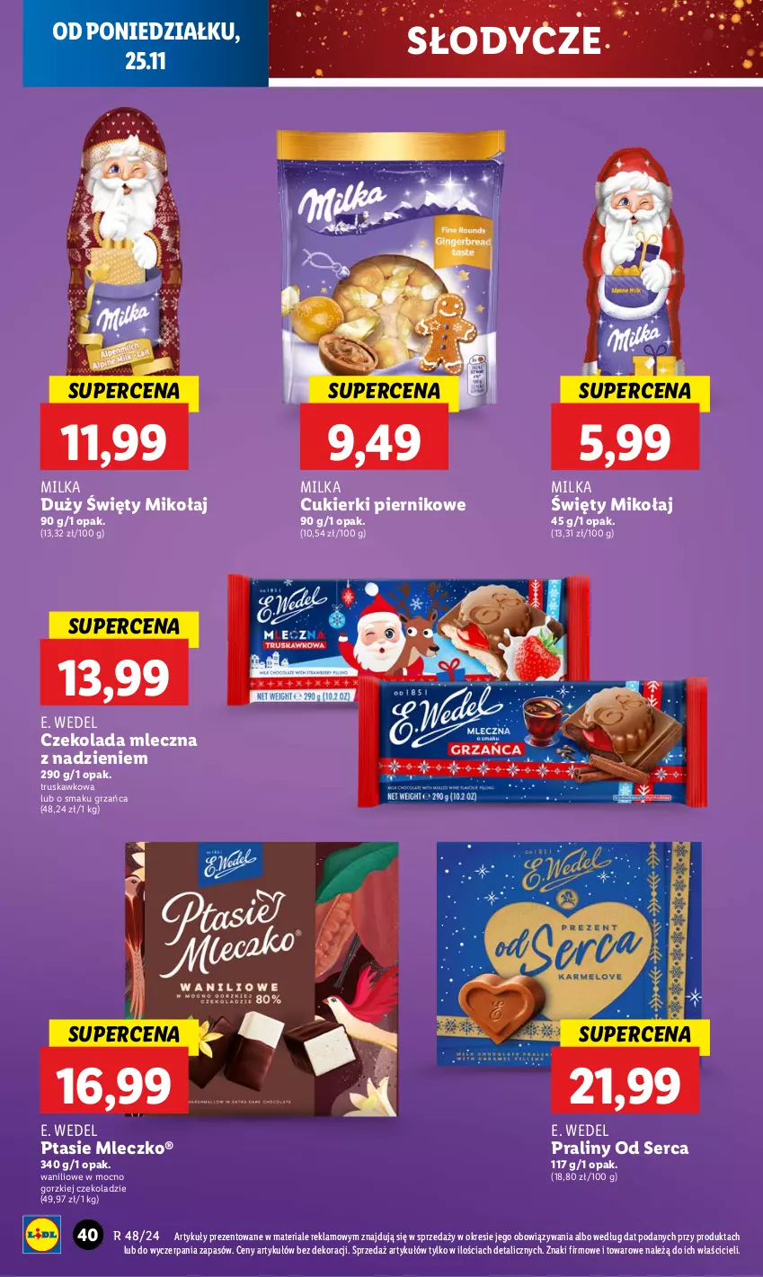 Gazetka promocyjna Lidl - GAZETKA - ważna 25.11 do 27.11.2024 - strona 42 - produkty: Cukier, Cukierki, Czekolada, Czekolada mleczna, E. Wedel, Milka, Mleczko, Piernik, Praliny, Ptasie mleczko, Ser