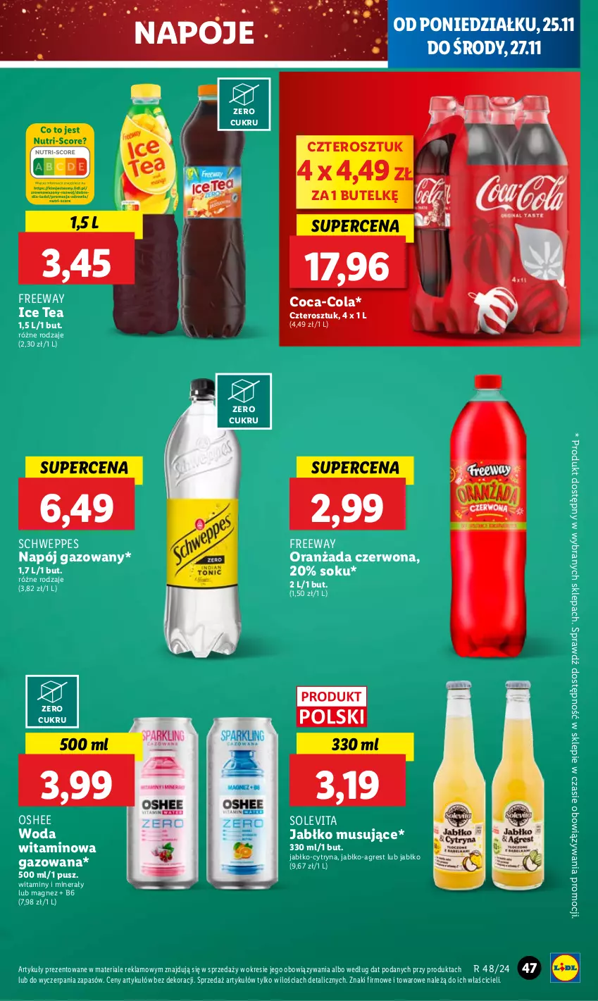 Gazetka promocyjna Lidl - GAZETKA - ważna 25.11 do 27.11.2024 - strona 49 - produkty: Coca-Cola, Gres, Ice tea, Magnez, Mus, Napój, Napój gazowany, Napoje, Oranżada, Oshee, Schweppes, Sok, Woda