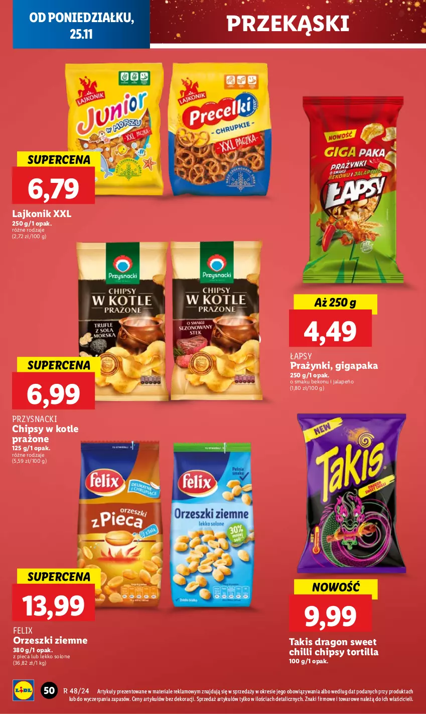 Gazetka promocyjna Lidl - GAZETKA - ważna 25.11 do 27.11.2024 - strona 52 - produkty: Beko, Chipsy, Felix, Lajkonik, Orzeszki, Orzeszki ziemne, Piec, Przysnacki, Tortilla