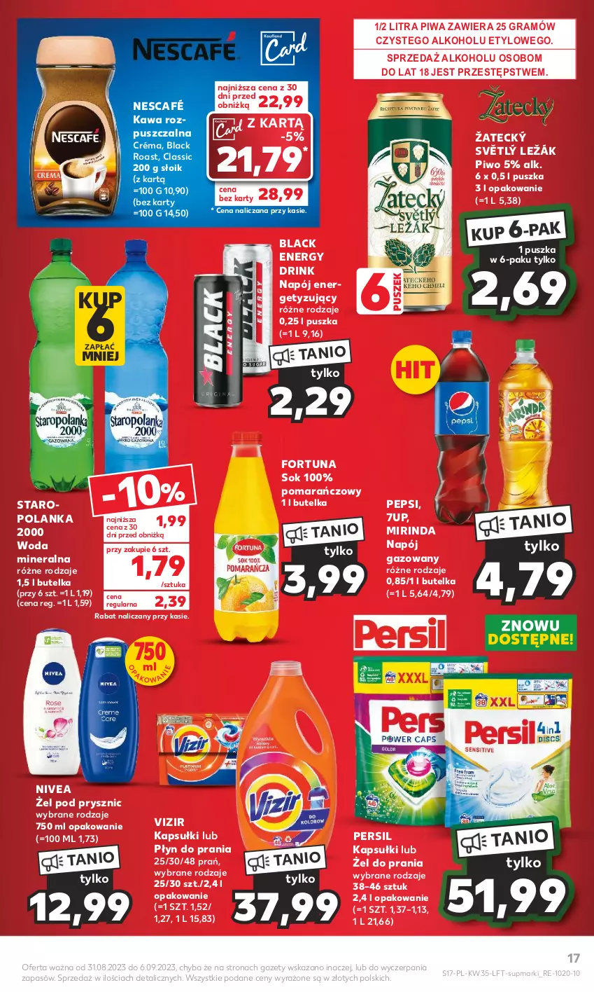 Gazetka promocyjna Kaufland - Gazetka tygodnia - ważna 31.08 do 06.09.2023 - strona 17 - produkty: 7up, Fortuna, Gra, Kawa, Kawa rozpuszczalna, Lack, Mirinda, Napój, Napój gazowany, Nescafé, Nivea, Pepsi, Persil, Piwa, Piwo, Płyn do prania, Sok, Staropolanka, Vizir, Woda, Woda mineralna