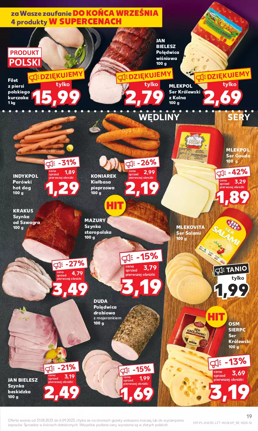 Gazetka promocyjna Kaufland - Gazetka tygodnia - ważna 31.08 do 06.09.2023 - strona 19 - produkty: Duda, Fa, Gouda, Gra, Hot dog, Kiełbasa, Krakus, Królewski, Kurczak, Mleko, Mlekovita, Parówki, Parówki hot dog, Pieprz, Polędwica, Salami, Ser, Ser salami, Szynka