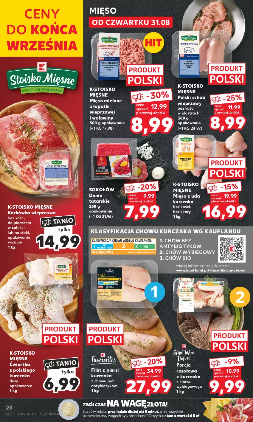 Gazetka promocyjna Kaufland - Gazetka tygodnia - ważna 31.08 do 06.09.2023 - strona 20 - produkty: Filet z piersi kurczaka, Karkówka wieprzowa, Kurczak, Mięso, Mięso mielone, Mięso mielone z łopatki wieprzowej, Mięso z uda kurczaka, Olej, Piec, Por, Schab wieprzowy, Sok, Sokołów, Stek, Waga