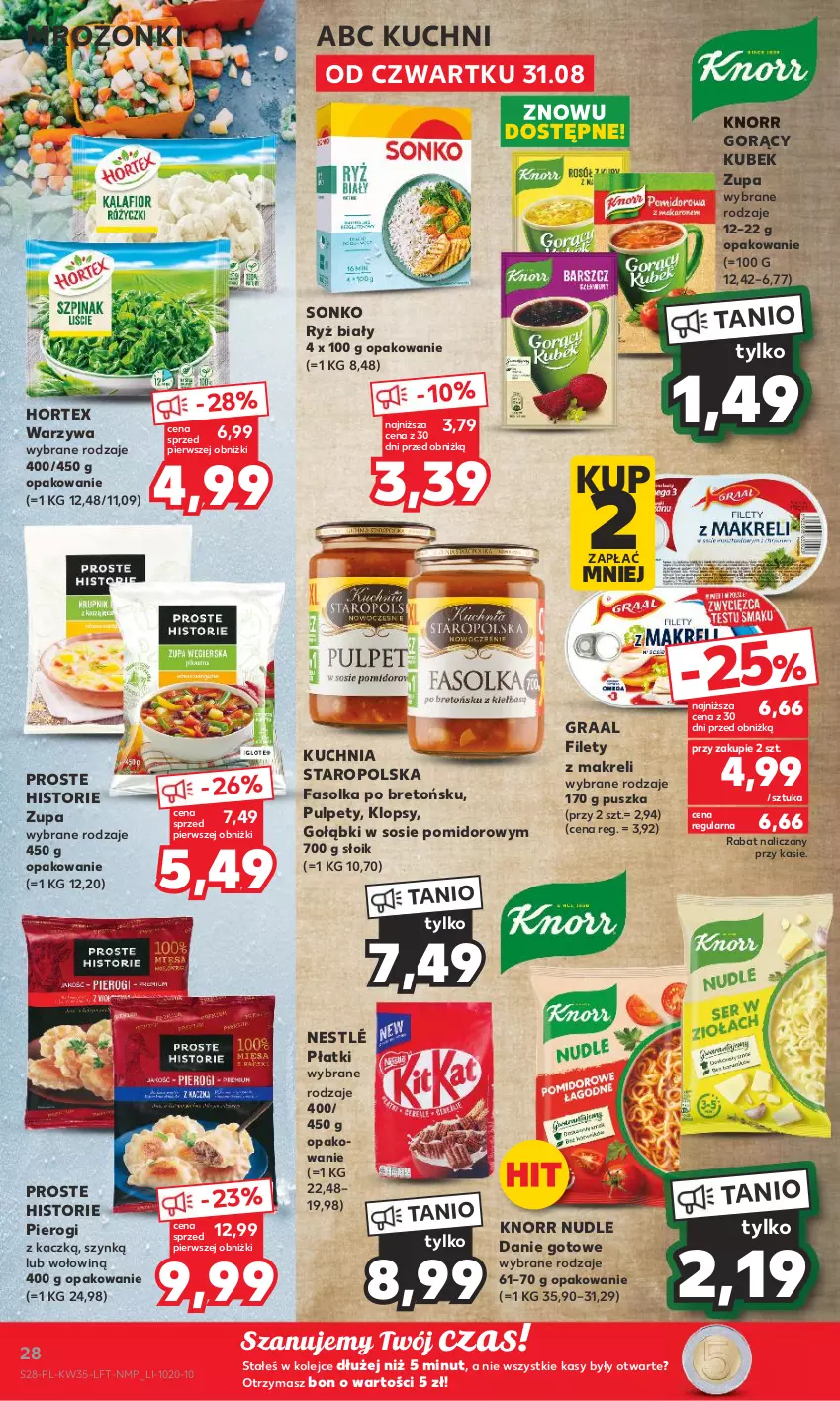 Gazetka promocyjna Kaufland - Gazetka tygodnia - ważna 31.08 do 06.09.2023 - strona 28 - produkty: Danie gotowe, Fa, Gra, Graal, Hortex, Knorr, Kubek, Kuchnia, Kuchnia Staropolska, Nestlé, Olej, Pierogi, Pulpety, Ryż, Ryż biały, Sonko, Sos, Warzywa, Zupa