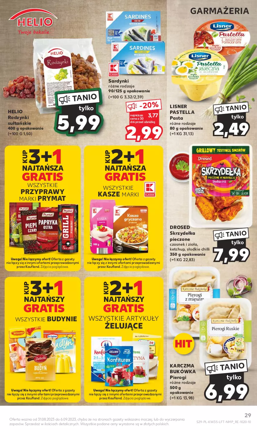 Gazetka promocyjna Kaufland - Gazetka tygodnia - ważna 31.08 do 06.09.2023 - strona 29 - produkty: Czosnek, Gra, Helio, Ketchup, Lisner, Pastella, Piec, Pierogi, Prymat, Przyprawy, Rodzynki, Sardynki, Skrzydełka pieczone, Waga