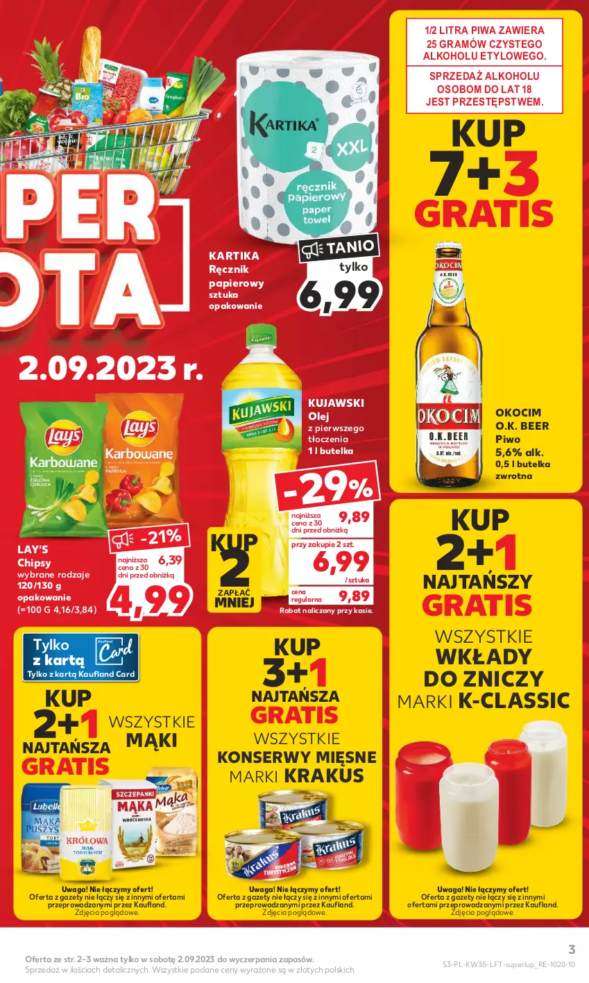 Gazetka promocyjna Kaufland - Gazetka tygodnia - ważna 31.08 do 06.09.2023 - strona 3 - produkty: Chipsy, Gra, Koc, Krakus, Kujawski, Okocim, Olej, Papier, Piwa, Piwo, Ręcznik, Ser, Waga, Znicz