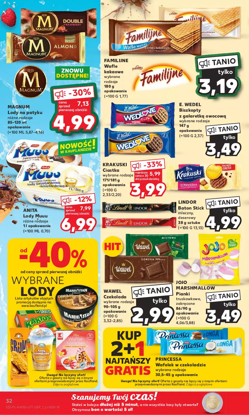 Gazetka promocyjna Kaufland - Gazetka tygodnia - ważna 31.08 do 06.09.2023 - strona 32 - produkty: Baton, Biszkopty, Ciastka, Czekolada, Deser, E. Wedel, Fa, Gala, Gra, Kakao, Krakus, Krakuski, Lindor, Lody, Mars, Olej, Princessa, Ser, Wafelek, Wafle, Waga, Wawel