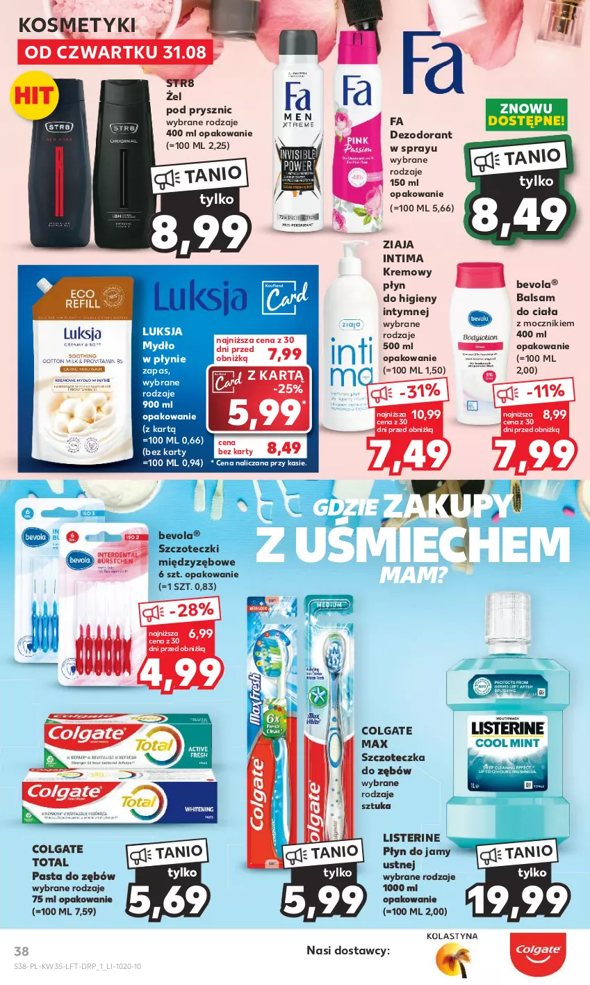 Gazetka promocyjna Kaufland - Gazetka tygodnia - ważna 31.08 do 06.09.2023 - strona 38 - produkty: Balsam do ciała, Colgate, Colgate Total, Dezodorant, Fa, LG, Listerine, Luksja, Mydło, Mydło w płynie, Pasta do zębów, Płyn do higieny intymnej, Str8, Szczoteczka, Szczoteczka do zębów, Ziaja