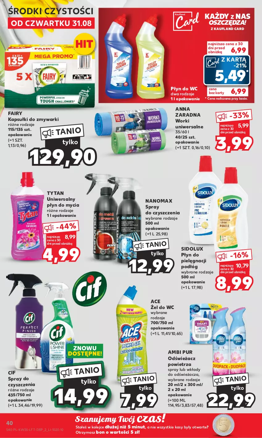 Gazetka promocyjna Kaufland - Gazetka tygodnia - ważna 31.08 do 06.09.2023 - strona 40 - produkty: Ambi Pur, Cif, Fa, Fairy, Nanomax, Odświeżacz powietrza, Olej, Płyn do mycia, Płyn do wc, Pur, Sidolux, Spray do czyszczenia, Tytan, Zmywarki