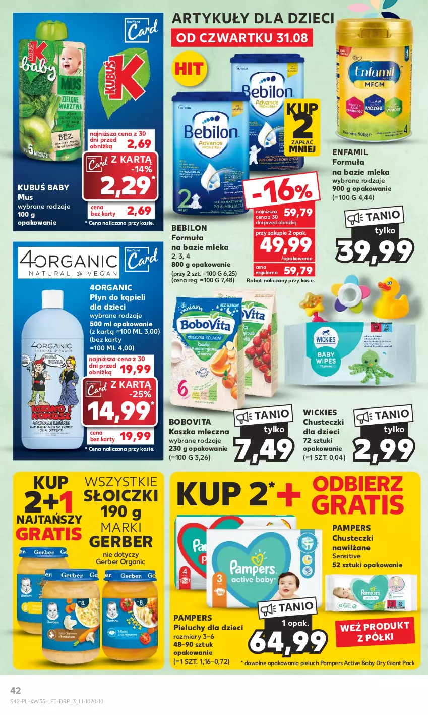 Gazetka promocyjna Kaufland - Gazetka tygodnia - ważna 31.08 do 06.09.2023 - strona 42 - produkty: BEBILON, BoboVita, Chusteczki, Dzieci, Enfamil, Fa, Gerber, Gra, Kubuś, Mus, Pampers, Pieluchy, Płyn do kąpieli, Słoiczki