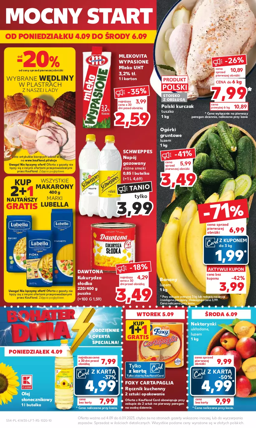 Gazetka promocyjna Kaufland - Gazetka tygodnia - ważna 31.08 do 06.09.2023 - strona 54 - produkty: Banany, Bell, Bella, Dawtona, Foxy, Gra, Grunt, Kukurydza, Kurczak, Lubella, Makaron, Mleko, Mlekovita, Napój, Napój gazowany, Nektar, Olej, Olej słonecznikowy, Ręcznik, Ręcznik kuchenny, Schweppes, Tusz, Waga