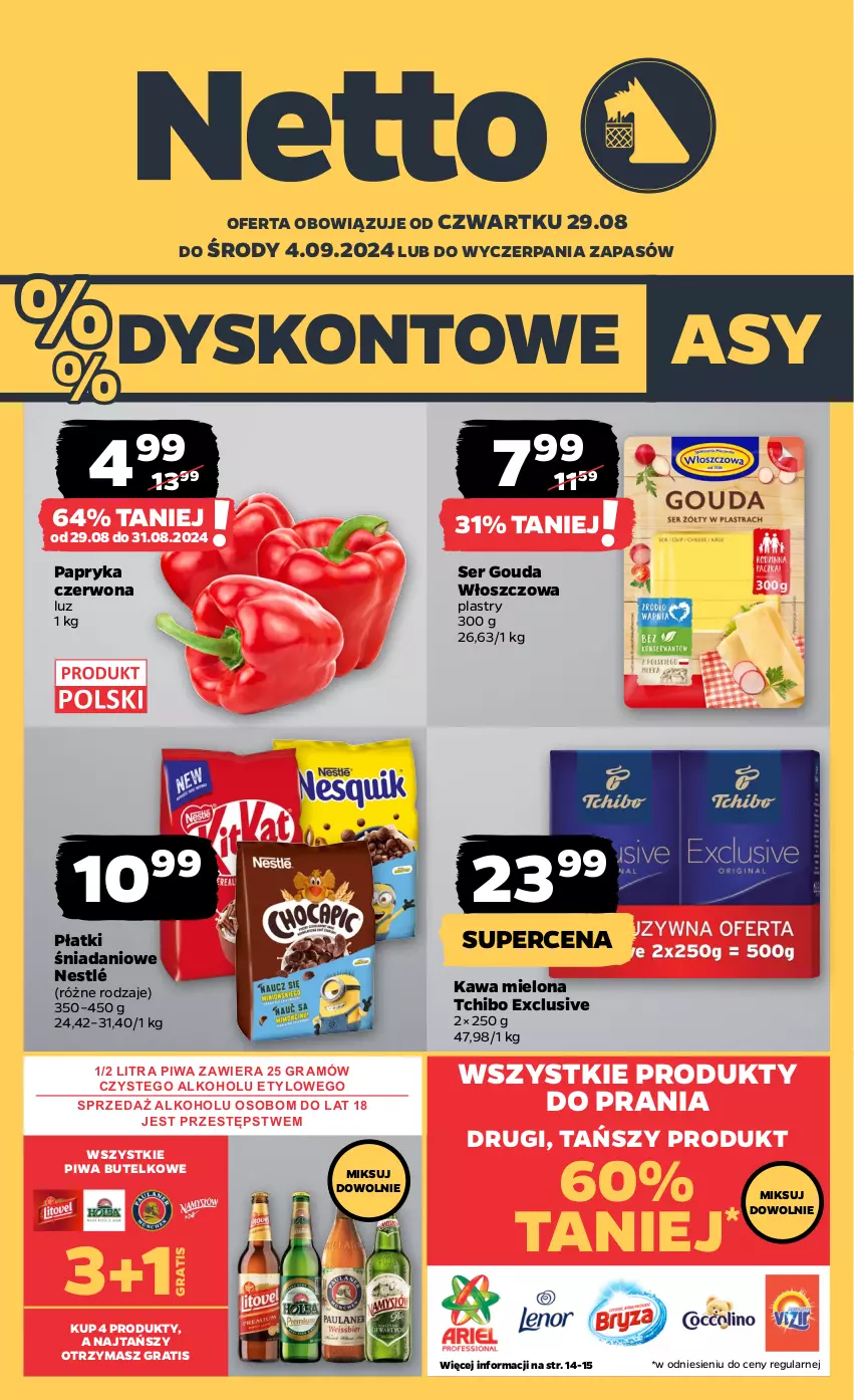 Gazetka promocyjna Netto - Artykuły spożywcze - ważna 29.08 do 04.09.2024 - strona 1 - produkty: Danio, Gouda, Gra, Kawa, Kawa mielona, Nestlé, Papryka, Papryka czerwona, Piwa, Ser, Tchibo