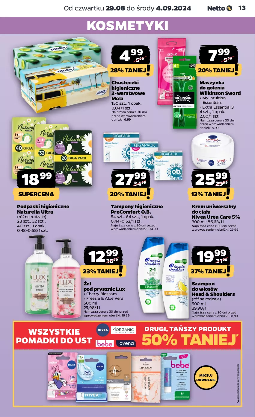 Gazetka promocyjna Netto - Artykuły spożywcze - ważna 29.08 do 04.09.2024 - strona 13 - produkty: Aloe vera, Chusteczki, Krem uniwersalny, Maszynka, Maszynka do golenia, Mola, Naturell, Naturella, Nivea, O.B., Podpaski, Szampon, Szynka, Tampony, Wilkinson Sword