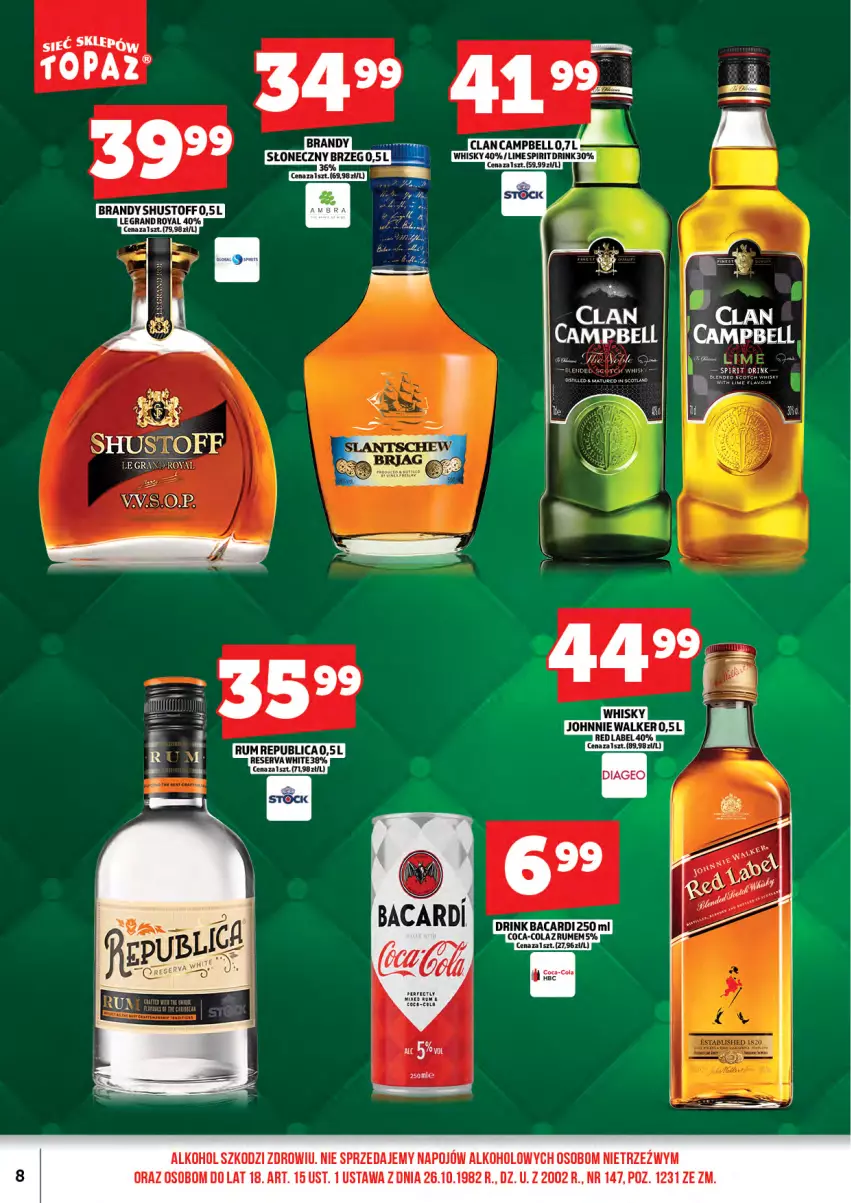 Gazetka promocyjna Topaz - Gazetka - ważna 01.05 do 14.05.2026 - strona 10 - produkty: Bacardi, Bell, Coca-Cola, Gra, Rum, Stock, Top, Whisky