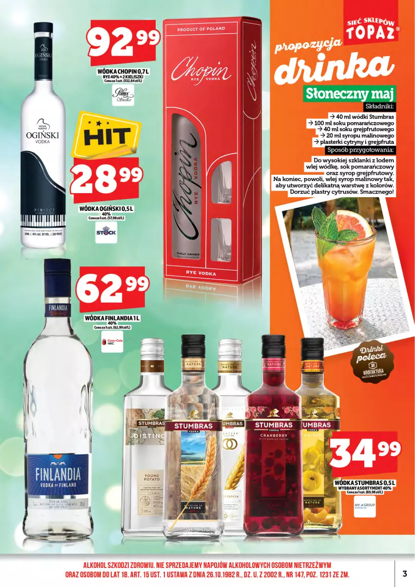 Gazetka promocyjna Topaz - Gazetka - ważna 01.05 do 14.05.2026 - strona 5 - produkty: Cytryny, Finlandia, Grejpfrut, Lanki, Ogiński, Plasterki, Sok, Sok pomarańczowy, Syrop, Wódka