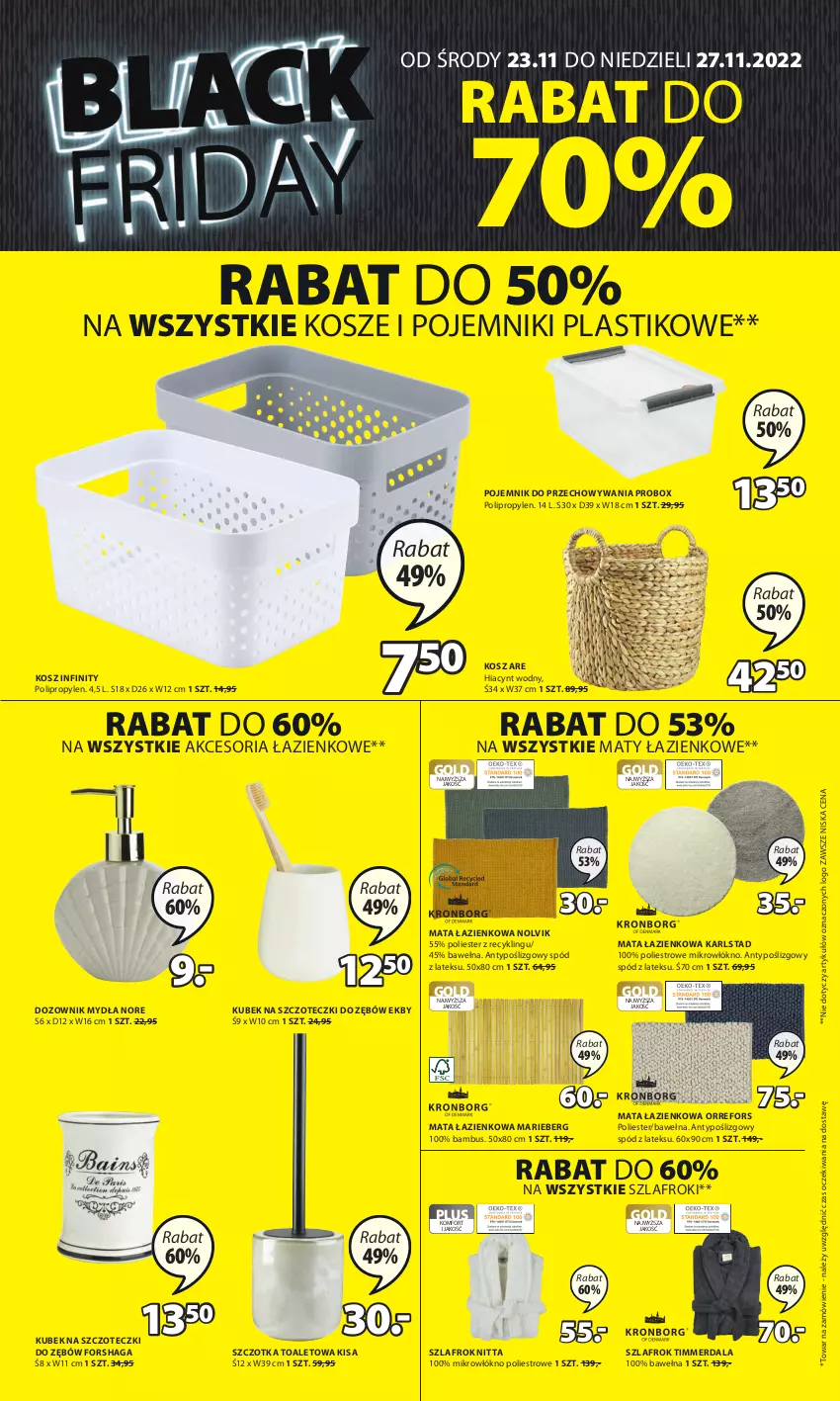 Gazetka promocyjna Jysk - Gazetka Black Friday - ważna 23.11 do 27.11.2022 - strona 12 - produkty: Dozownik, Dozownik mydła, Hiacynt, Kosz, Kubek, Kubek na szczoteczki do zębów, Mata łazienkowa, Pojemnik, Pojemnik do przechowywania, Szczotka, Szlafrok, Wełna