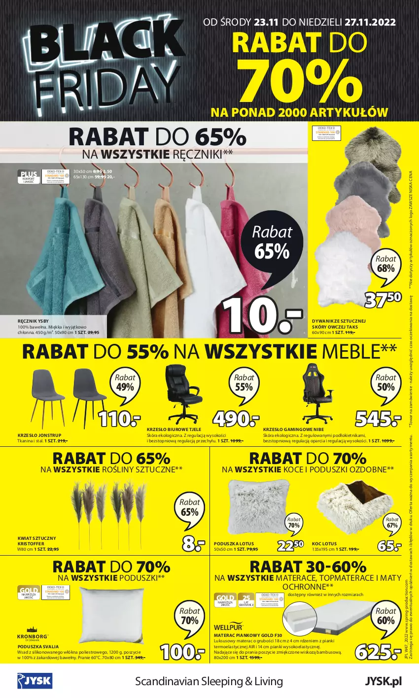 Gazetka promocyjna Jysk - Gazetka Black Friday - ważna 23.11 do 27.11.2022 - strona 13 - produkty: Biuro, Dywan, Dywanik, Koc, Krzesło, Materac, Materac piankowy, Meble, Poduszka, Ręcznik, Sok, Tera, Top, Wełna