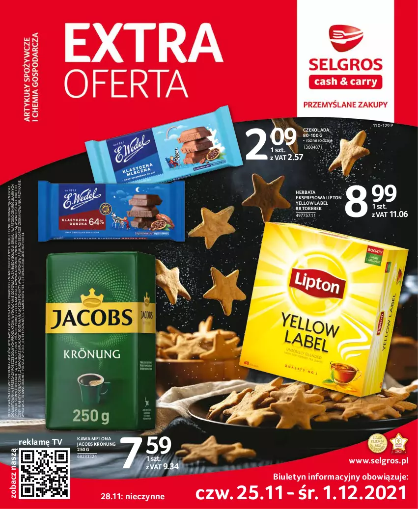 Gazetka promocyjna Selgros - Extra Oferta - ważna 01.11 do 30.11.2021 - strona 1 - produkty: Czekolada, Fa, Herbata, Jacobs, Jacobs Krönung, Kawa, Kawa mielona, LG, Lipton, Top, Tran