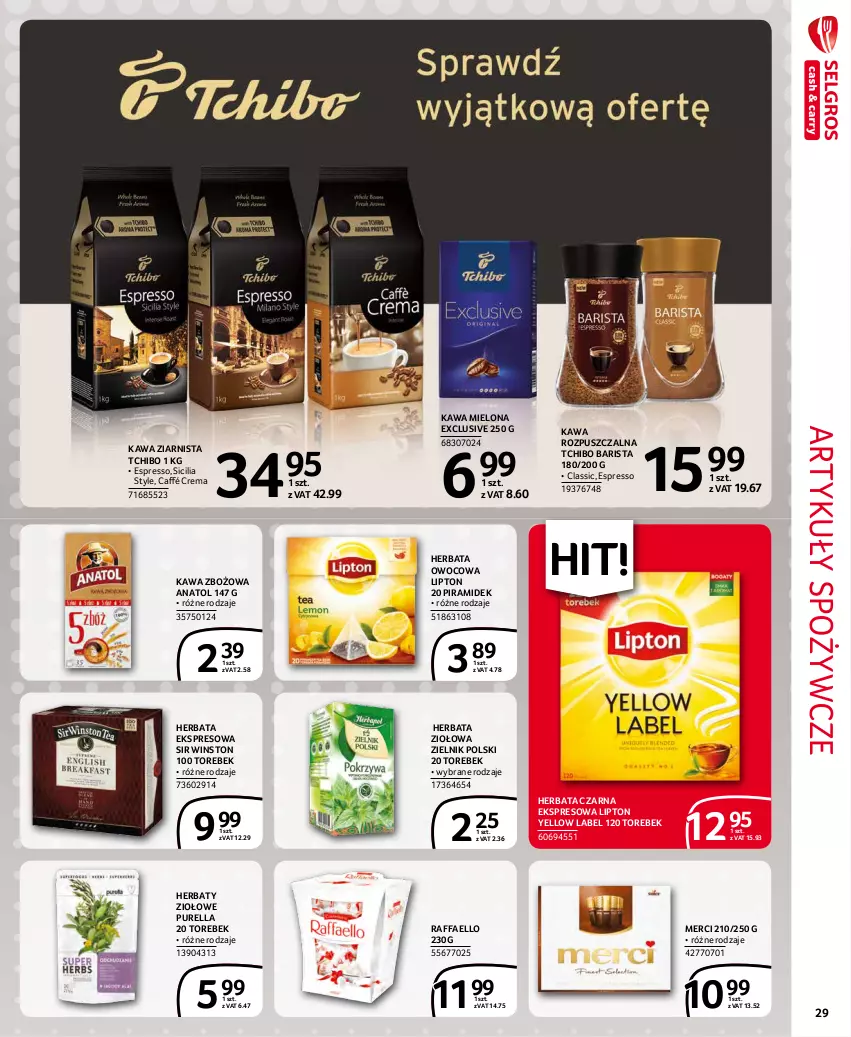 Gazetka promocyjna Selgros - Extra Oferta - ważna 01.11 do 30.11.2021 - strona 29 - produkty: Artykuły spożywcze, Fa, Herbata, Herbata czarna, Herbata owocowa, Kawa, Kawa mielona, Kawa rozpuszczalna, Kawa zbożowa, Kawa ziarnista, Lipton, Merci, Pur, Raffaello, Tchibo, Tchibo Barista, Winston