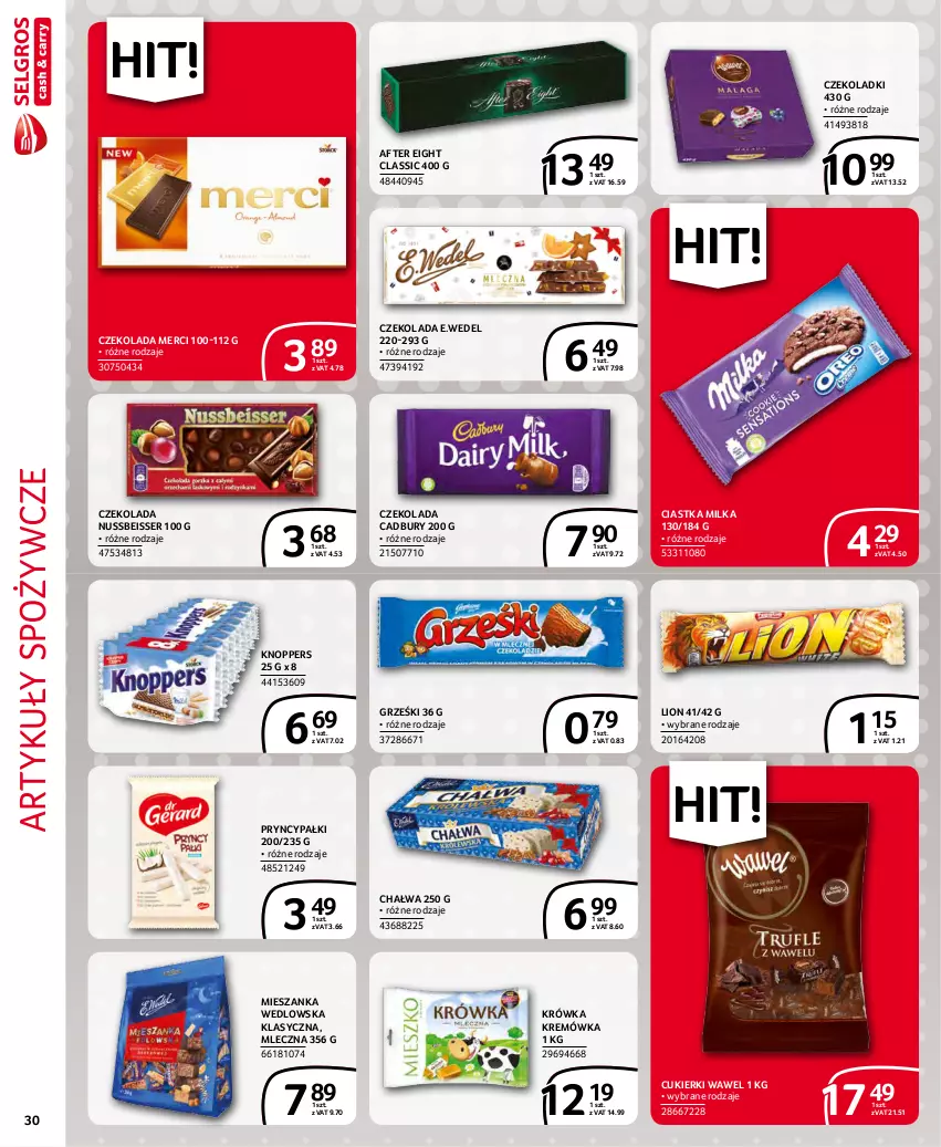 Gazetka promocyjna Selgros - Extra Oferta - ważna 01.11 do 30.11.2021 - strona 30 - produkty: Artykuły spożywcze, Chałwa, Ciastka, Cukier, Cukierki, Czekolada, Grześki, Knoppers, Kremówka, Lion, Merci, Mieszanka wedlowska, Milka, Ser, Wawel